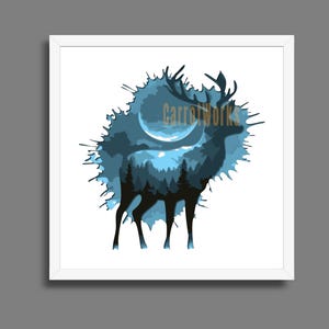 May include: A framed art print depicting a stag silhouette with antlers, set against a blue and teal landscape with a full moon. The artwork has a watercolour effect, with the text "Carrotworks" visible.