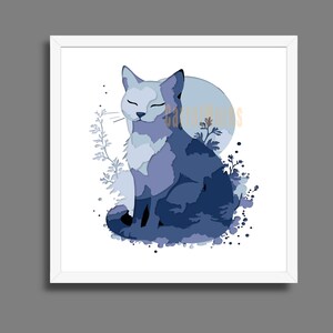 May include: A framed art print featuring a stylized cat illustration in shades of blue. The cat is depicted with closed eyes, sitting in front of a light blue moon. Decorative floral elements and ink splatters add detail to the artwork.