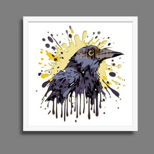 May include: Framed art print depicting a stylized crow in profile. The artwork uses black, grey, and yellow, with a splash effect behind the bird. The crow is the focal point, set against a white background.