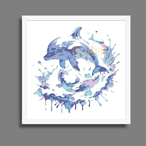 Könnte beinhalten: Gerahmter Kunstdruck mit einem Delphin, der durch Wasser springt. Das Kunstwerk verwendet Blau-, Lila- und Weißtöne, um den Delphin und die Spritzer darzustellen, wodurch ein dynamisches, aquatisches Thema entsteht.