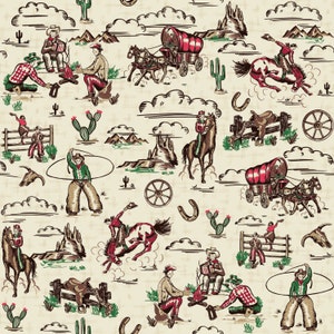Ride 'Em Cowboy! Metà del secolo 1950 novità vintage tessuto stampa kitsch.