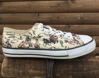 Size 3 Rockabilly 1950s  Retro Converse Chuck Taylor style pumps sneakers cowboy Print .