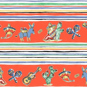 The Tequila Sheila. Mid-century 1950s vintage novelty kitsch mexican print fabric.