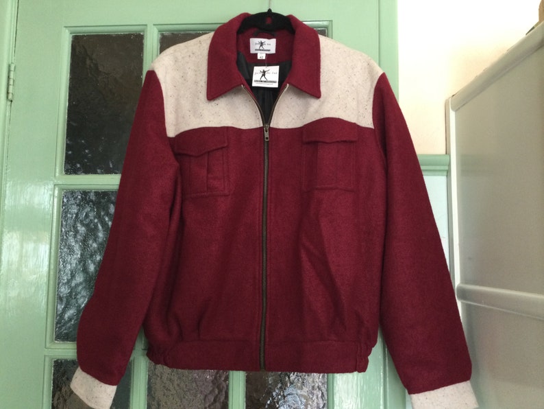 Men’s Vintage Style Jackets & Coats 1920s-1970s     Exclusive to Doghouse Vintage mens 1950s style “gab” jacket.Burgundy/cream atomic yoke.  AT vintagedancer.com