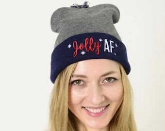 Jolly AF Holiday Beanie - Black / Blue Winter Pom Beanie Hat - Jolly As F*CK