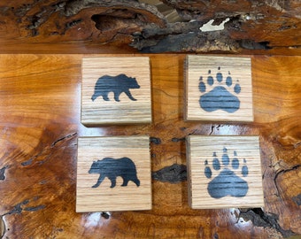 Rustic oak , bear and bear track coaster set