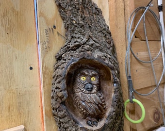 Chainsaw carved Owl in a nook . Chainsaw carved black walnut( ON SALE )