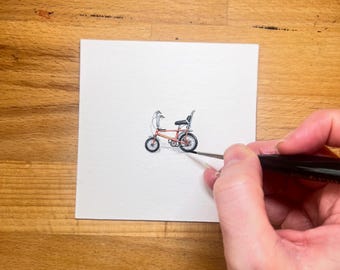 Miniature watercolour painting of a vintage orange Raleigh Chopper. Print