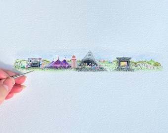 Miniature watercolour painting of Glastonbury festival - Print