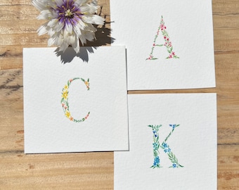 Small watercolour floral letter. Hand painted.  Unique New baby gift