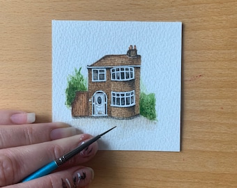 Miniature house painting. Small, mini watercolour new house gift