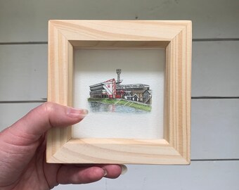 Miniature watercolour painting. Football station painting.