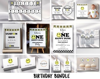 Retro One Happy Dude Party Bundle-Smiley Face Birthday Decoration-1st Birthday Boy Set-Printable Party Package-First Birthday Decor-V33