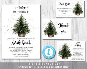 Baby It's Cold Outside Baby Shower Invitation Template Set, Christmas Tree Baby Shower Invitation, Winter Baby Shower Set of 4, Printable