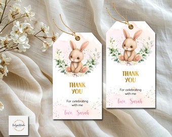 Modèle d'étiquette modifiable anniversaire lapin Merci - sautant par étiquettes de faveur de lapin-1 étiquettes d'anniversaire-printemps floral rose et or fille-imprimable-J1