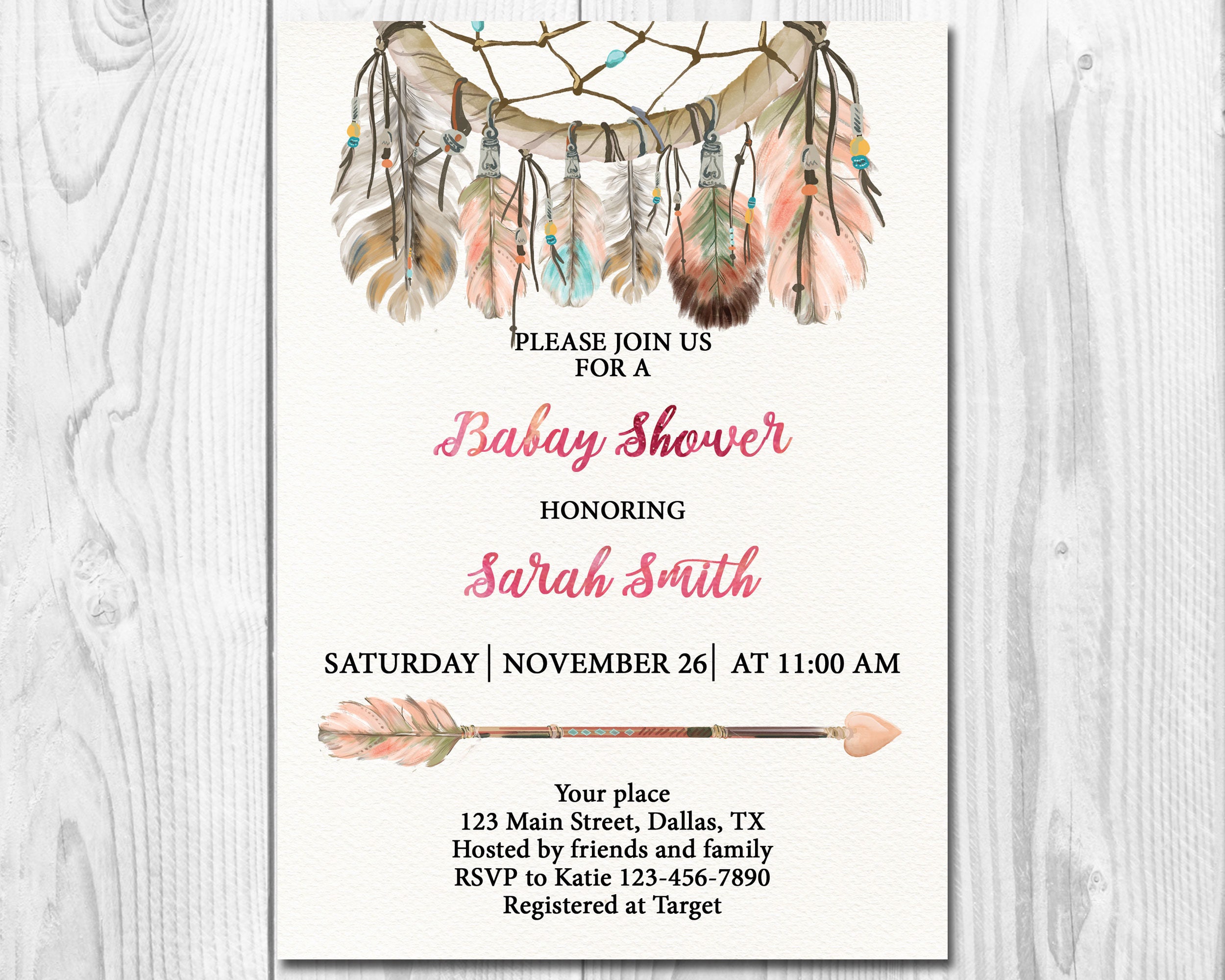 Boho Bohemian Dream Catcher Baby Shower InvitationWatercolor Etsy