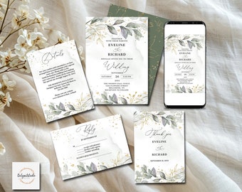 Boho Greenery and Gold Wedding Invitation Suite-Eucalyptus Invitation Set-Wedding Bundle-Bohemian Wedding Package-Editable Template-P2