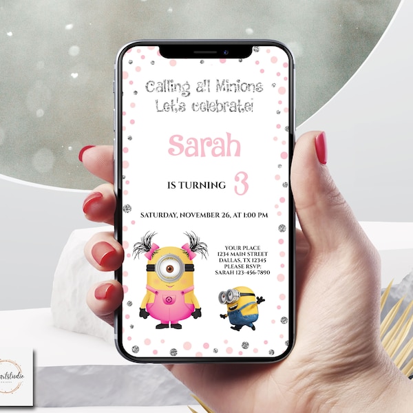 Editable Minions Girl Birthday Evite-Electronic Digital iPhone Invitation-Minions Party Text Invite-Pink and Silver-Minion Invite-M10