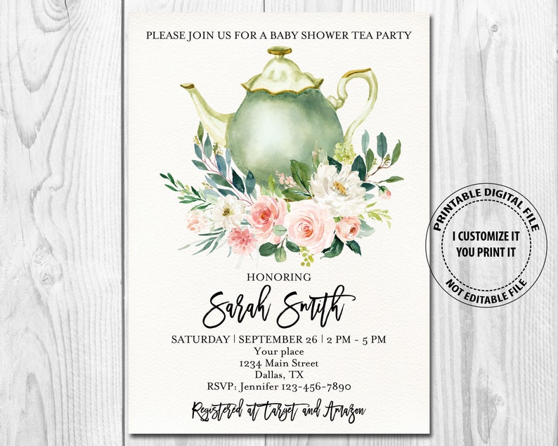 Baby Shower Tea Party Invitation Watercolor Blush Pink And Etsy