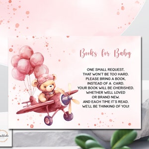 Editable Bear Pink Airplane Baby Shower Bring a Book Insert Card-Pink Bear Aviator Books for Baby Girl-Baby Shower Game-Instant Download-A11