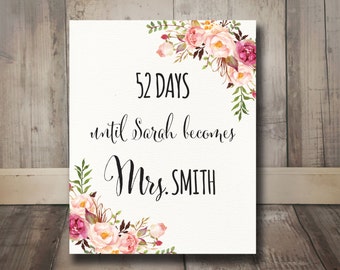 Days Until Mrs Boho Bridal Shower Sign Printable - Bohemian Bridal Shower Days Until Wedding Sign, Boho Blush Pink Watercolor Flowers