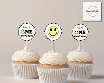 Retro One Happy Dude Cupcake Toppers Template-Smiley Birthday Cupcake Toppers-First Birthday Party Decoration Boy-INSTANT DOWNLOAD-V33