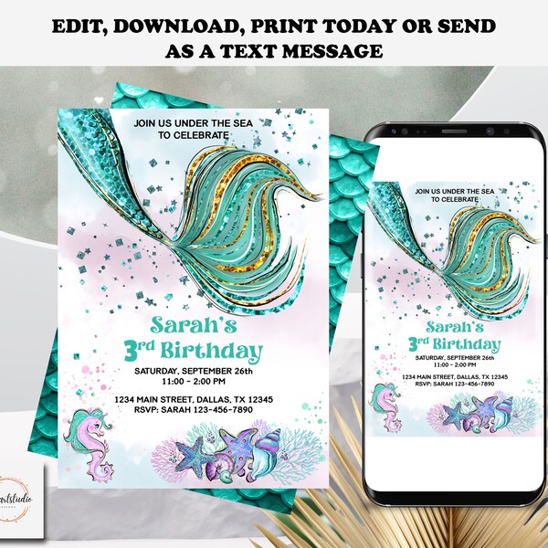Editable Mermaid Invitation-Any Birthday Invite-Girl Invite-Under The Sea Invitation-Mermaid Party-Instant Download-Editable Template-V5