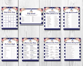 Nautical Baby Shower Games Package - Eight Printable Games: Bingo, Price is Right, Purse Game, etc - Floral Anchor Nautical Baby Shower