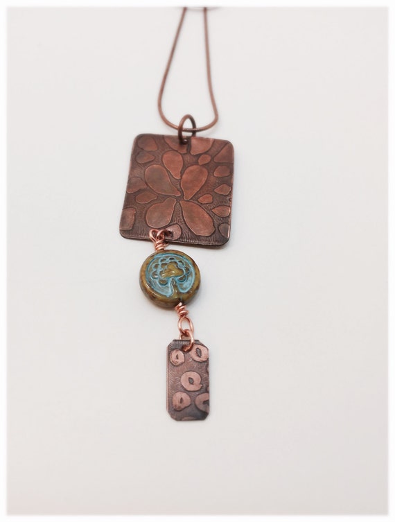Etched Copper Necklace Bohemian Copper Necklace Copper | Etsy