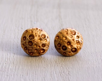 Gold Full Moon Earrings, gold leaf painted with stud backing, polymer clay & resin