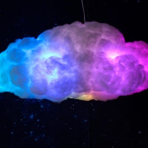 May include: A cloud-shaped light fixture with a gradient of colors, including blue, purple, and pink. The fixture is suspended against a dark background with small, white star-like lights.
