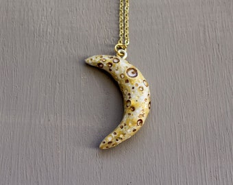 Blue Crescent Moon pendant necklace, gold colored chain, polymer clay resin necklace