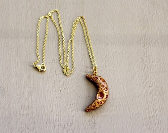 Gold Crescent Moon pendant necklace, gold colored chain, polymer clay resin necklace