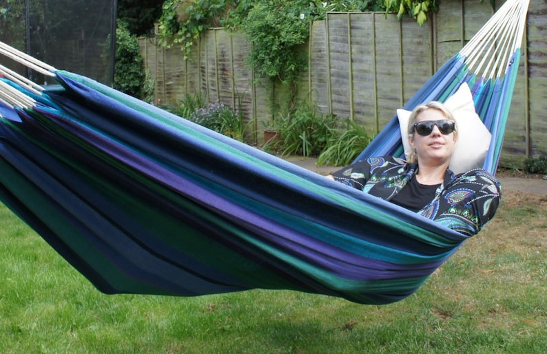 Large Traditional Cotton Brazilian Style Hammock calm blue-greens