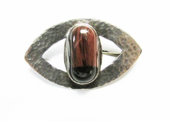 Vintage Estate Mid Century Hammered Silver Agate … - image 1