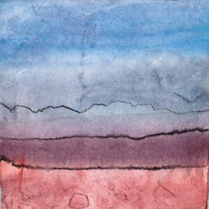 May include: Abstract watercolour painting with a gradient of colours. The top portion is blue, transitioning to grey, then purple, and finally a reddish-orange at the bottom. Black lines suggest a landscape.
