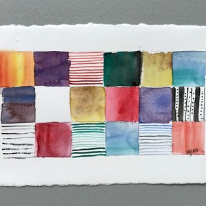 May include: A watercolor painting of a grid of 16 squares, each with a different color or pattern. The colors include red, blue, green, yellow, purple, and brown. The patterns include stripes, polka dots, and lines.