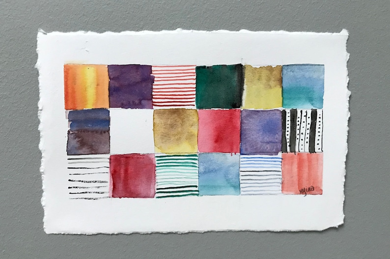 May include: A watercolor painting of a grid of 16 squares, each with a different color or pattern. The colors include red, blue, green, yellow, purple, and brown. The patterns include stripes, polka dots, and lines.