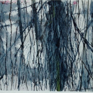 May include: Abstract watercolour painting of a woodland scene with dark blue and grey branches and a hint of green.