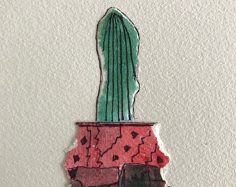 Peut inclure: Illustration à l'aquarelle d'un cactus dans un pot rouge et marron. Le cactus est vert avec des lignes noires verticales, et le pot a un aspect texturé avec des points noirs. La signature de l'artiste, "regina", est en bas à droite.
