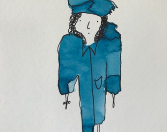May include: A hand-drawn illustration of a person wearing a blue coat and a hat. The person has black hair and a simple face.