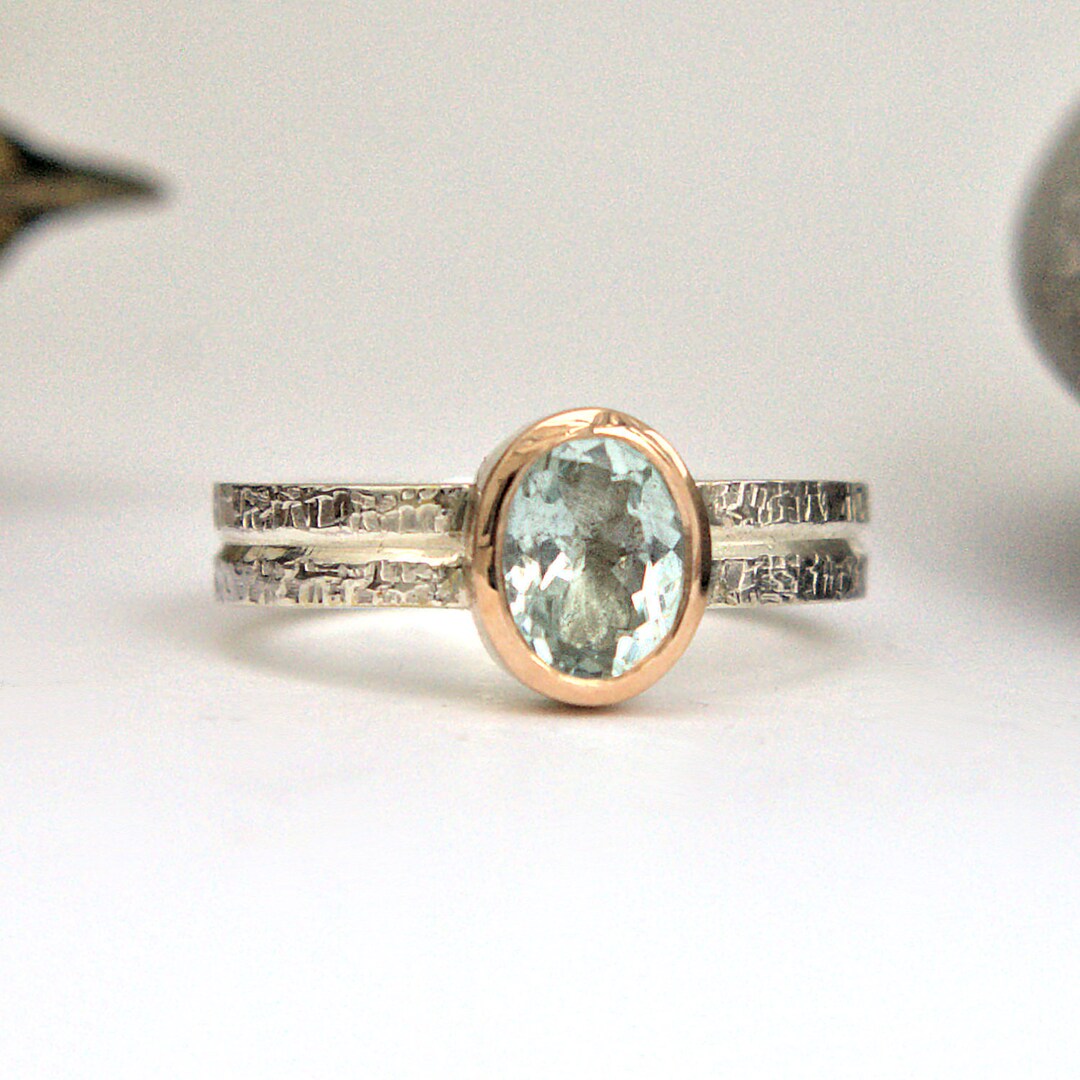 Silver Beryl Rings Green Beryl Silver and Gold Ring With Unique Wicker Texture Silver Band ...
