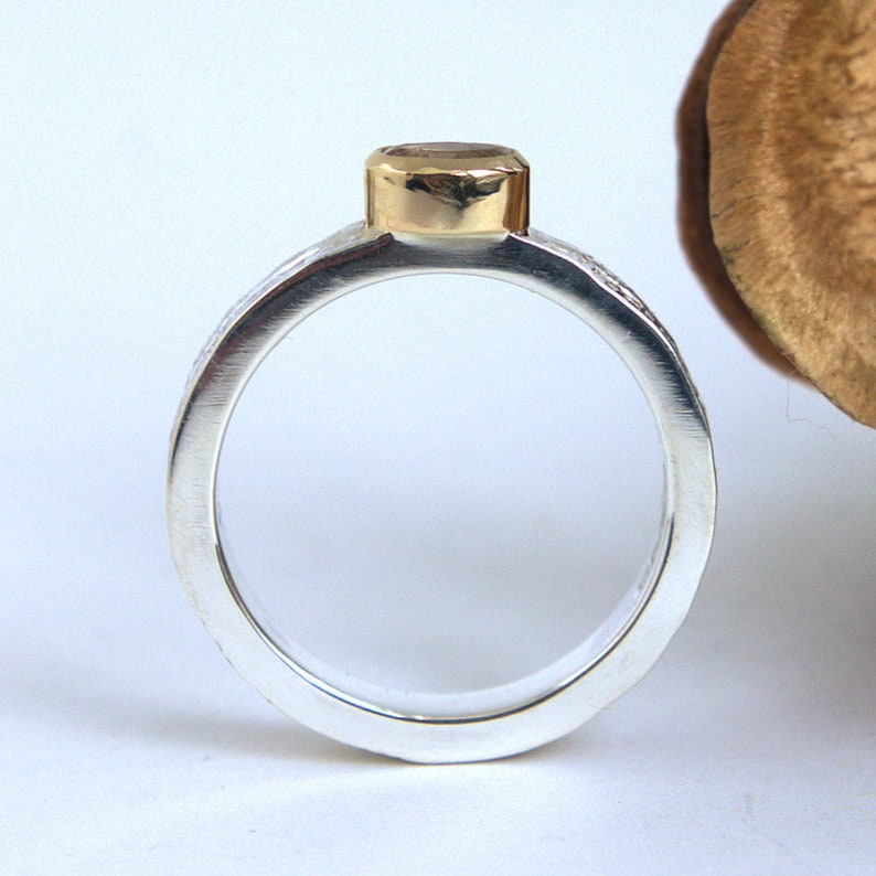 White Sapphire solitaire gold and silver ring bezel setting-wicker textured wedding ring MADE TO ORDER