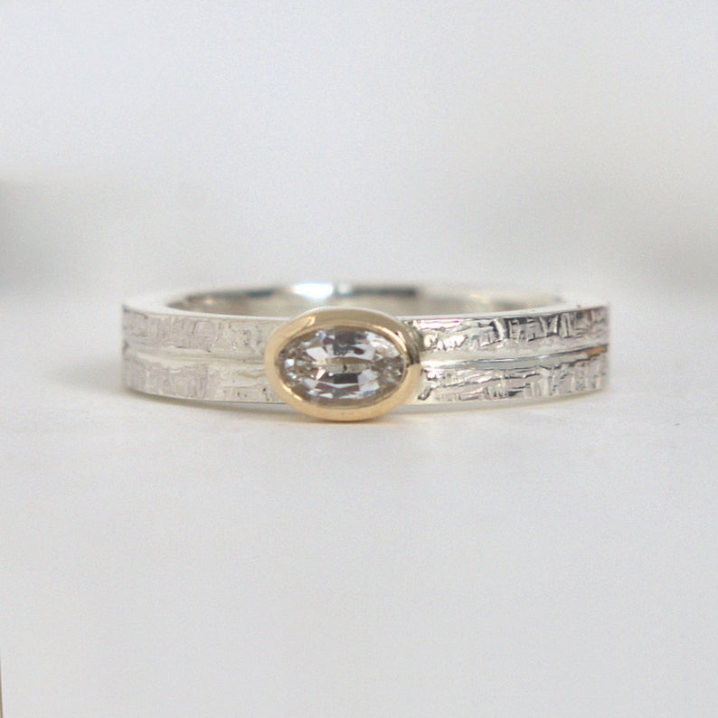 White Sapphire solitaire gold and silver ring bezel setting-wicker textured wedding ring MADE TO ORDER