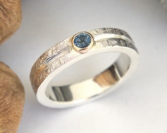 Anillo solitario de oro y plata con aguamarina, anillo de compromiso y boda con textura de mimbre único HECHO A PEDIDO