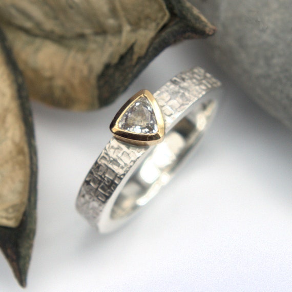 White Sapphire solitaire gold and silver ring bezel setting-wicker textured wedding ring MADE TO ORDER