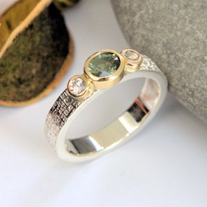 Green & White Sapphire three stone  gold and silver ring bezel set, wicker textured, MADE TO ORDER
