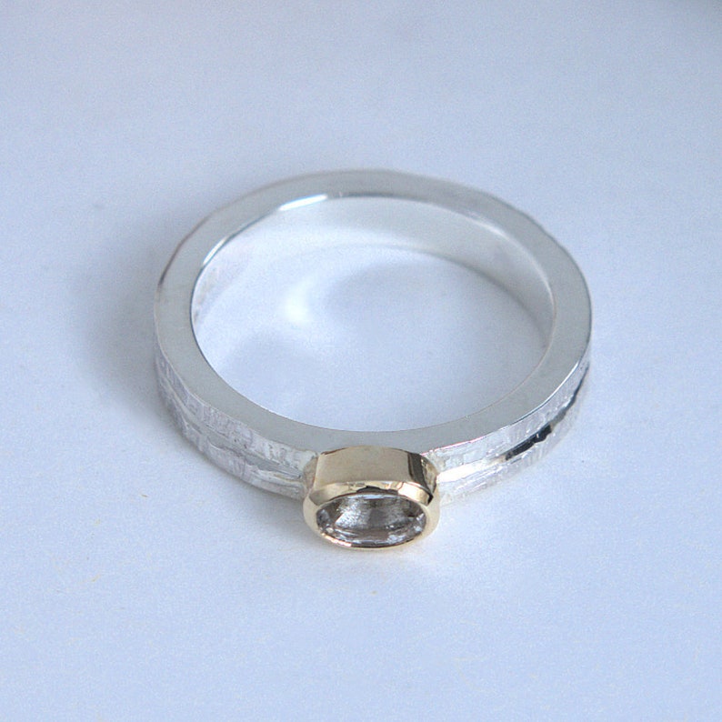White Sapphire solitaire gold and silver ring bezel setting-wicker textured wedding ring MADE TO ORDER