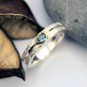 Aquamarine pear gold and silver solitaire ring contemporary unique wicker textured wedding-engagement ring