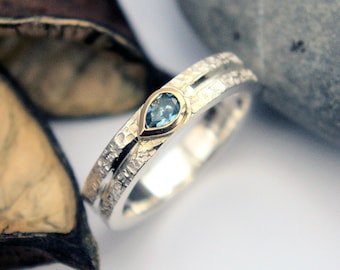 Anillo solitario de oro y plata de pera aguamarina anillo de compromiso de boda con textura de mimbre único contemporáneo